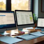 Рабочее место с открытыми приложениями Evernote, OneNote и Notion на экранах компьютеров и мобильных устройств