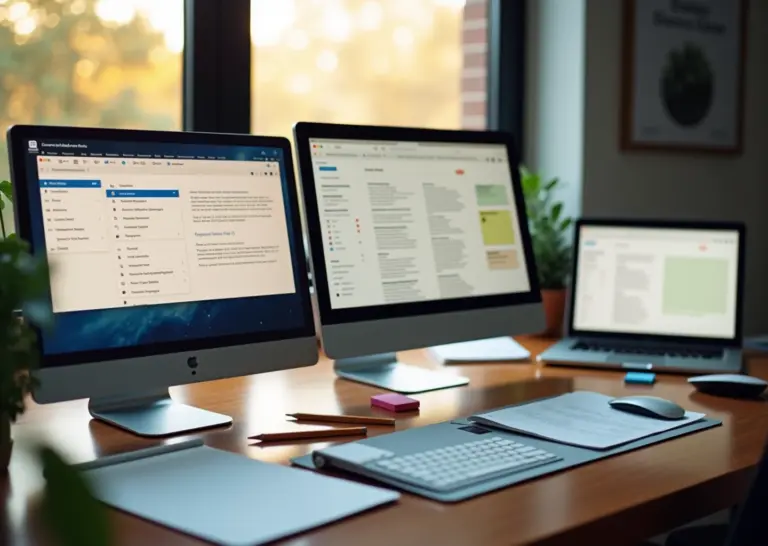 Рабочее место с открытыми приложениями Evernote, OneNote и Notion на экранах компьютеров и мобильных устройств