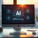 Современный компьютер с интерфейсом AI для создания видео из текста на экране, символизирующий инновационные технологии онлайн-сервисов на основе искусственного интеллекта