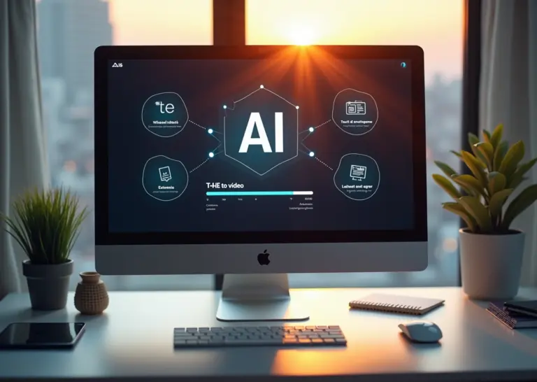 Современный компьютер с интерфейсом AI для создания видео из текста на экране, символизирующий инновационные технологии онлайн-сервисов на основе искусственного интеллекта