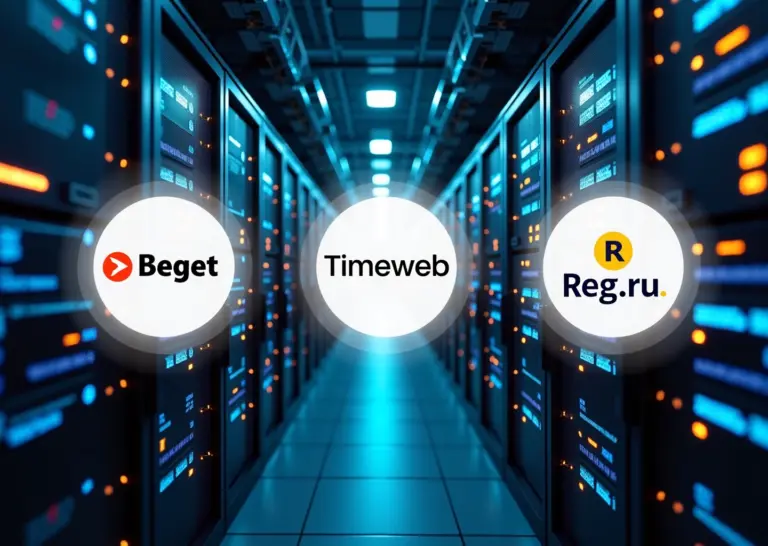 Логотипы Beget Timeweb и Reg.ru на фоне серверов и цифровой связи иллюстрируют сравнение российских хостинг-провайдеров