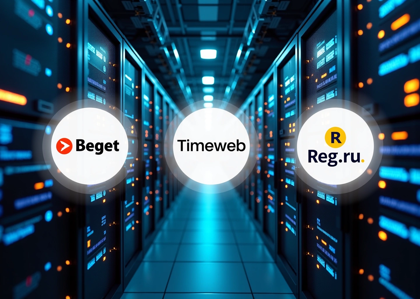 Логотипы Beget Timeweb и Reg.ru на фоне серверов и цифровой связи иллюстрируют сравнение российских хостинг-провайдеров