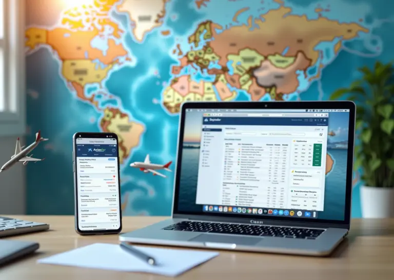 Экран ноутбука и смартфона с интерфейсами Aviasales Skyscanner и Яндекс.Путешествия на фоне карты мира и самолетов.
