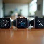 Три умных устройства на деревянном столе — Apple Watch Xiaomi Mi Band и Huawei как выбор умных часов и фитнес-браслетов