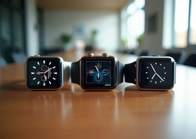 Три умных устройства на деревянном столе — Apple Watch Xiaomi Mi Band и Huawei как выбор умных часов и фитнес-браслетов