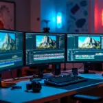 Компьютерный рабочий стол с интерфейсами видеоредакторов DaVinci Resolve, Adobe Premiere Pro и Movavi