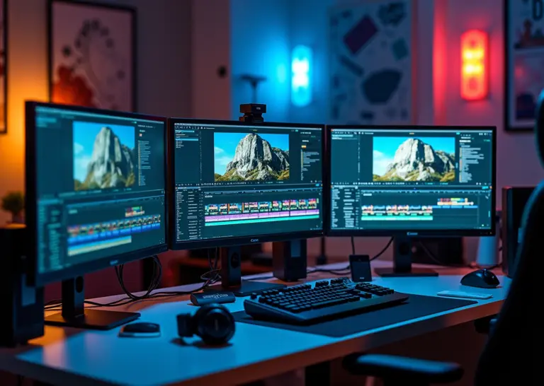 Компьютерный рабочий стол с интерфейсами видеоредакторов DaVinci Resolve, Adobe Premiere Pro и Movavi