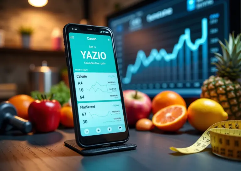 Современный смартфон с приложениями YAZIO и FatSecret для подсчета калорий на экране, иконки фитнеса и здорового питания