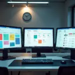 Три экрана компьютеров с интерфейсами Trello, Asana и Jira для сравнения таск-трекеров