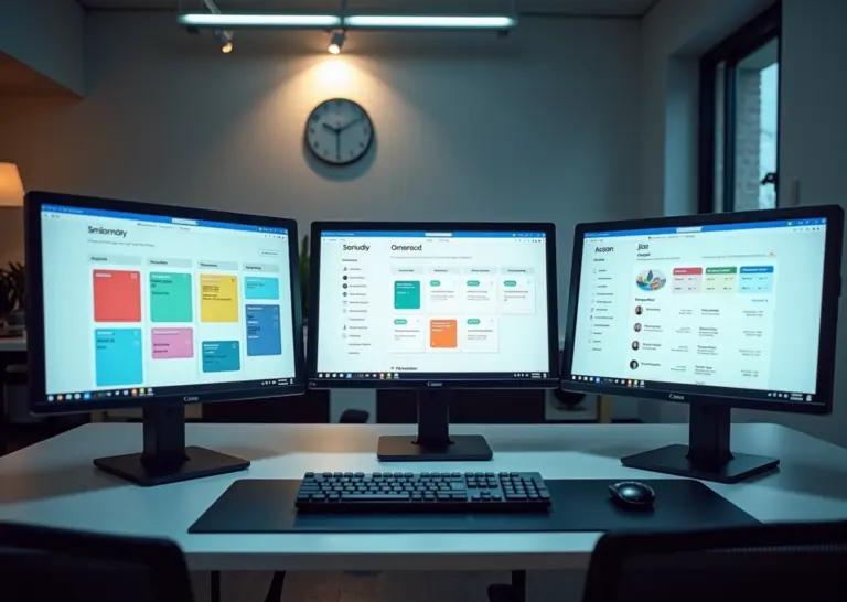 Три экрана компьютеров с интерфейсами Trello, Asana и Jira для сравнения таск-трекеров