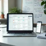 Рабочий стол с ноутбуком и смартфоном, на экране которых открыт дашборд Notion с задачами, календарём и заметками; рядом книги и чашка кофе