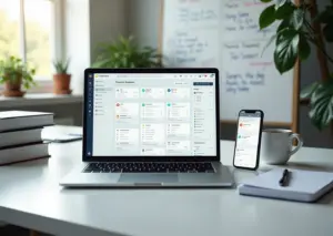 Рабочий стол с ноутбуком и смартфоном, на экране которых открыт дашборд Notion с задачами, календарём и заметками; рядом книги и чашка кофе