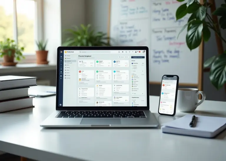 Рабочий стол с ноутбуком и смартфоном, на экране которых открыт дашборд Notion с задачами, календарём и заметками; рядом книги и чашка кофе