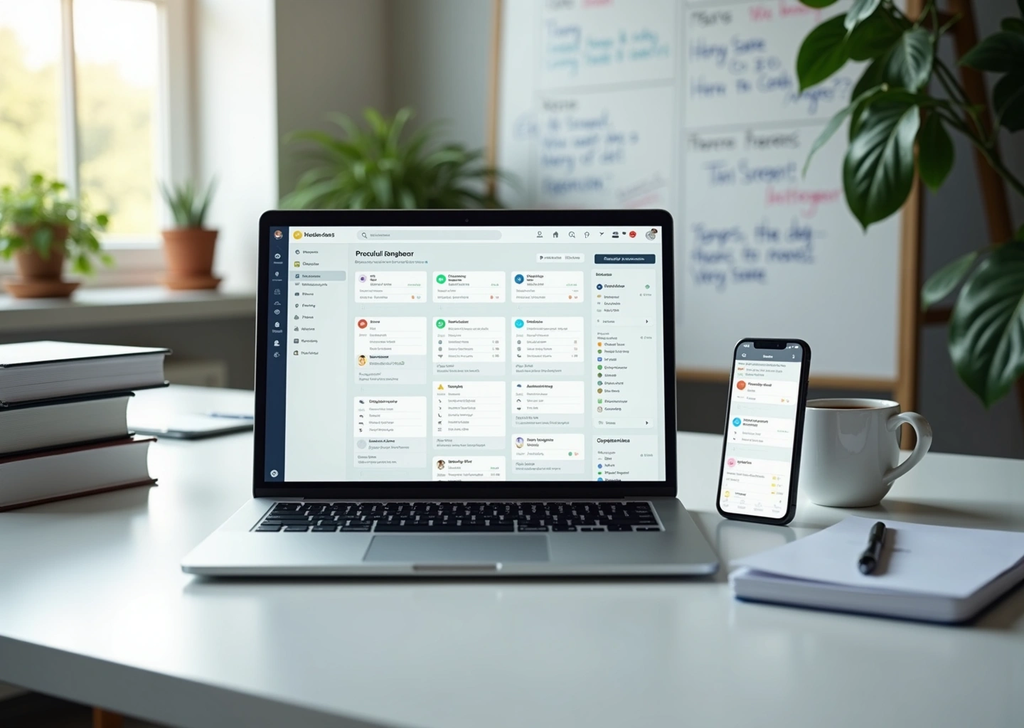 Рабочий стол с ноутбуком и смартфоном, на экране которых открыт дашборд Notion с задачами, календарём и заметками; рядом книги и чашка кофе