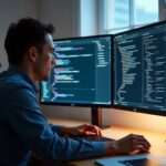 Разработчик за мониторами: IDE с автодополнением и окно AI‑ассистента, символы GitHub Copilot и альтернативных сервисов на экране