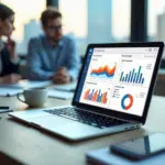 Офис: ноутбук с CRM‑панелью, телефон с сообщением, команда обсуждает внедрение CRM