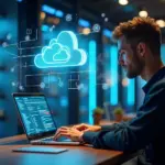 Разработчик работает с панелью управления Yandex Cloud на ноутбуке на фоне серверной и вида на Москву, визуальные элементы облачных сервисов и AI