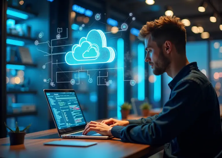 Разработчик работает с панелью управления Yandex Cloud на ноутбуке на фоне серверной и вида на Москву, визуальные элементы облачных сервисов и AI