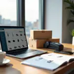 Рабочее место с ноутбуком и смартфоном, на экранах — панели управления интернет‑магазинов, рядом платежный терминал и посылки, символизирующие запуск онлайн‑продаж