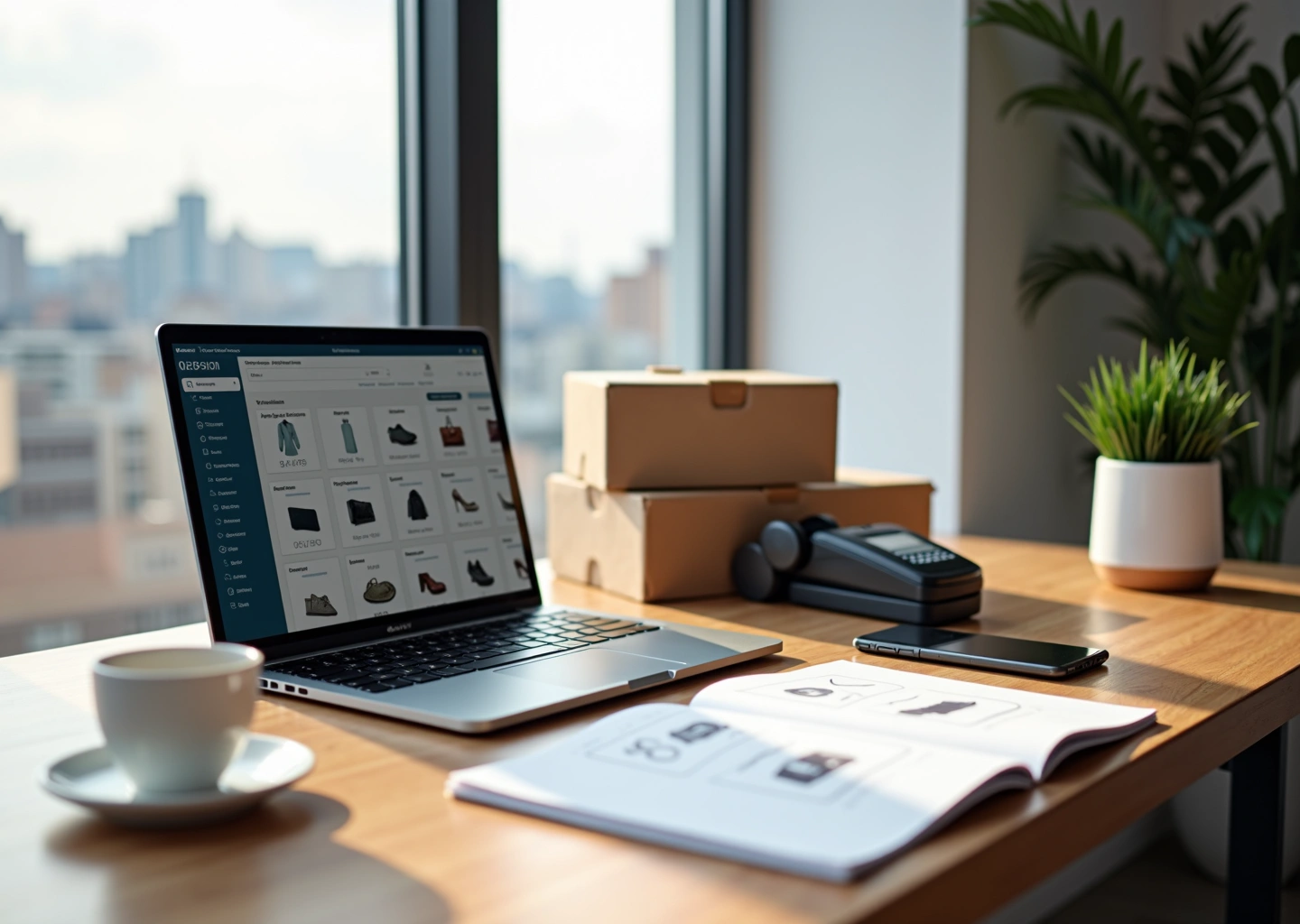Рабочее место с ноутбуком и смартфоном, на экранах — панели управления интернет‑магазинов, рядом платежный терминал и посылки, символизирующие запуск онлайн‑продаж
