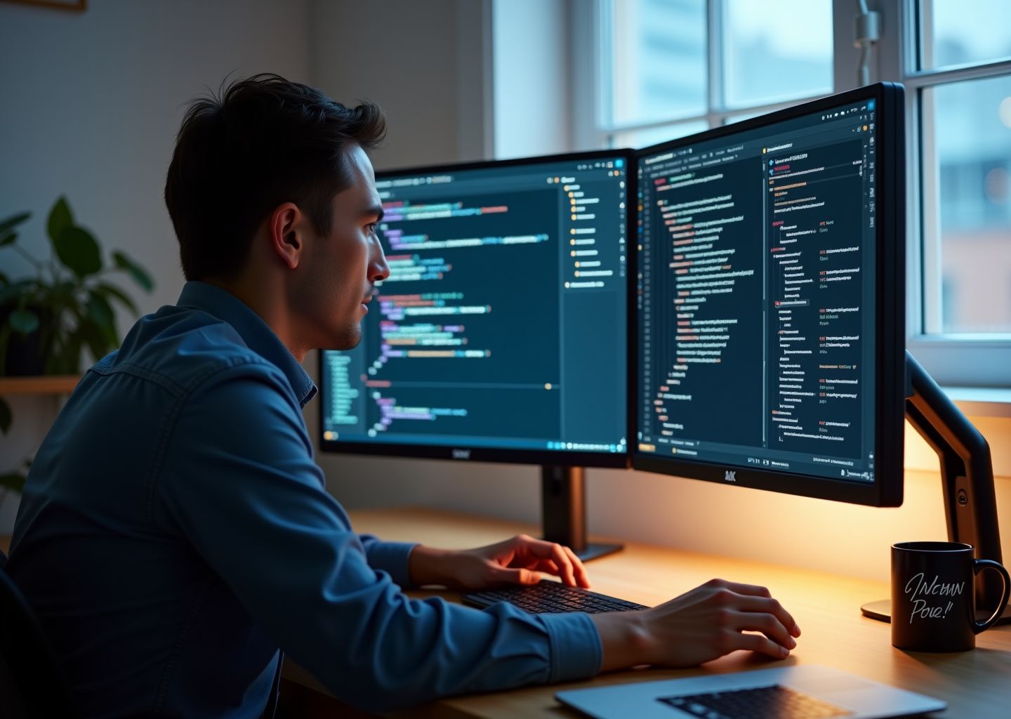 Разработчик за мониторами: IDE с автодополнением и окно AI‑ассистента, символы GitHub Copilot и альтернативных сервисов на экране