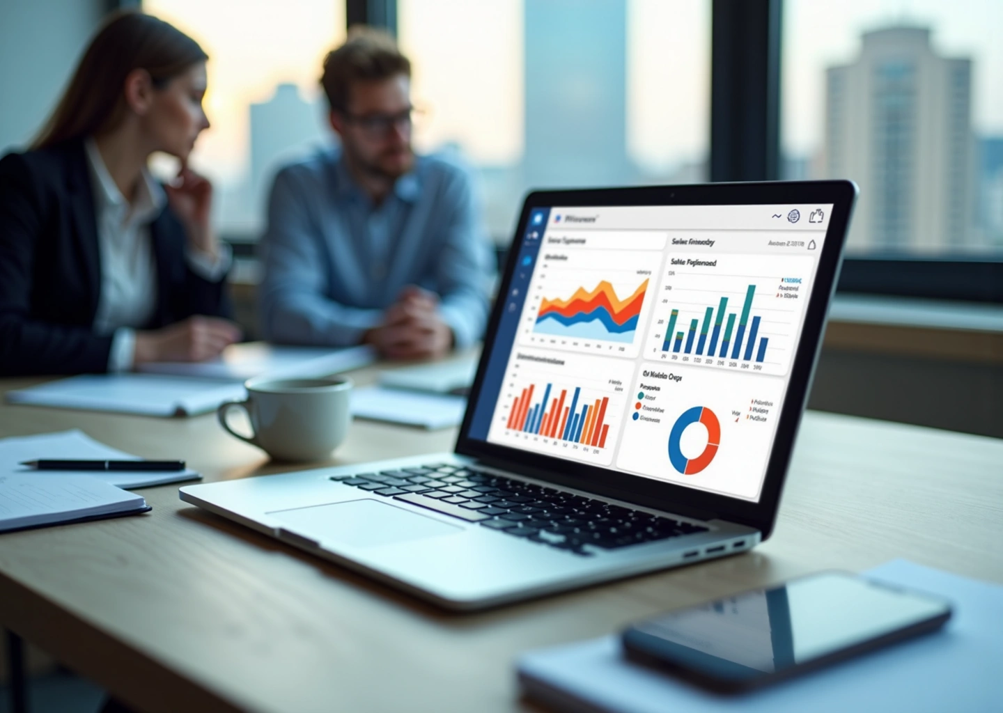 Офис: ноутбук с CRM‑панелью, телефон с сообщением, команда обсуждает внедрение CRM